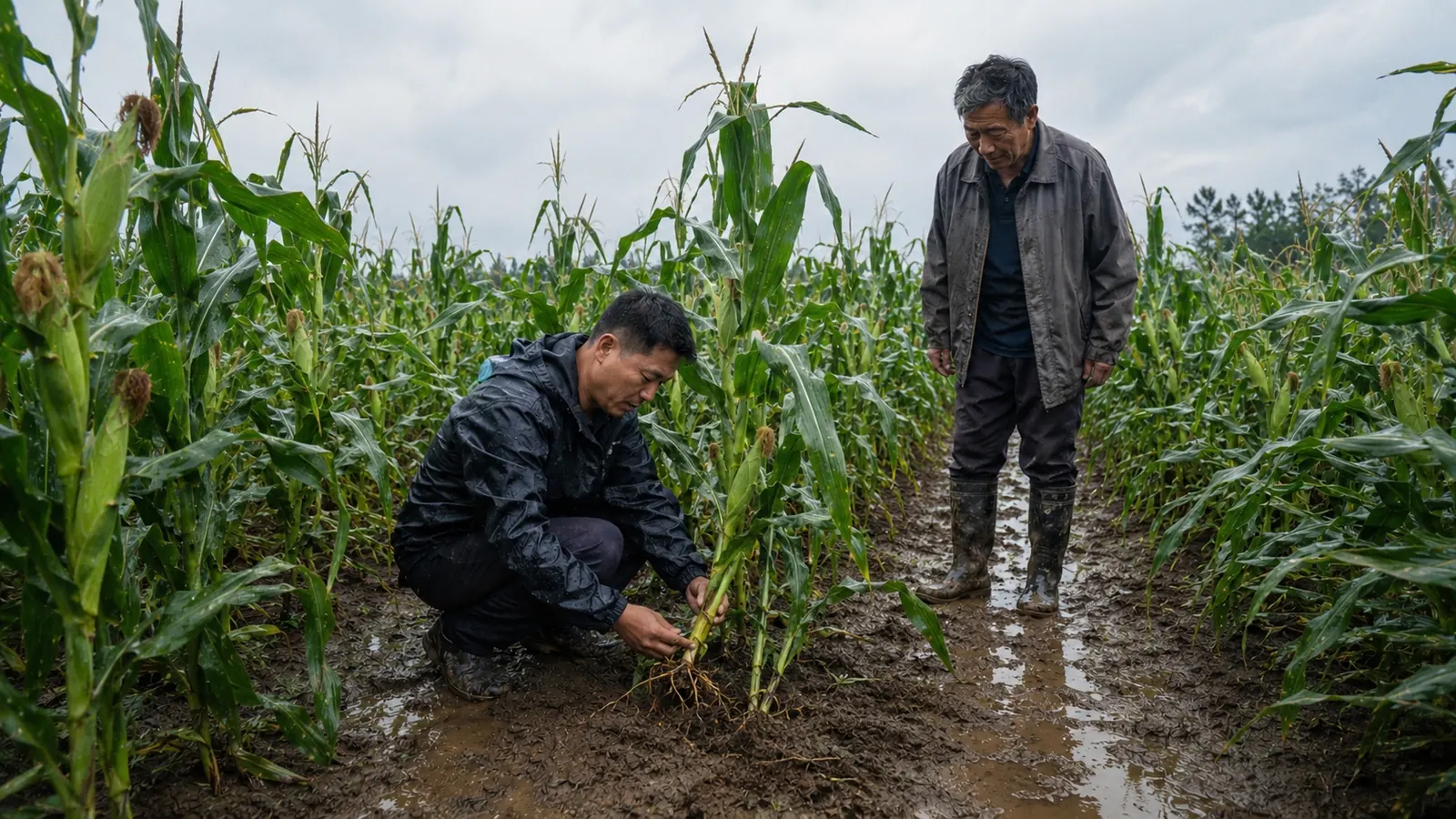 强降雨后，种植者在玉米田检查植株根际与倒伏风险
